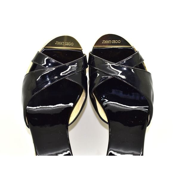 C0 Auth JIMMY CHOO Black Patent Leather Cork Wedge Sandals Shoes Size 40.5 - Picture 4 of 6